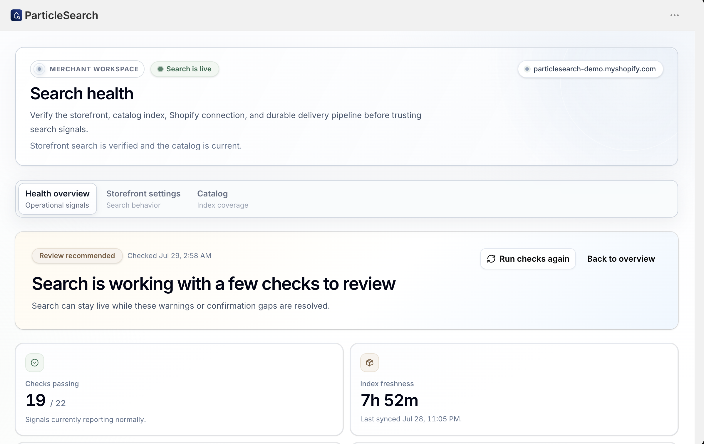 ParticleSearch Search health overview showing storefront, catalog, connection, and delivery signals